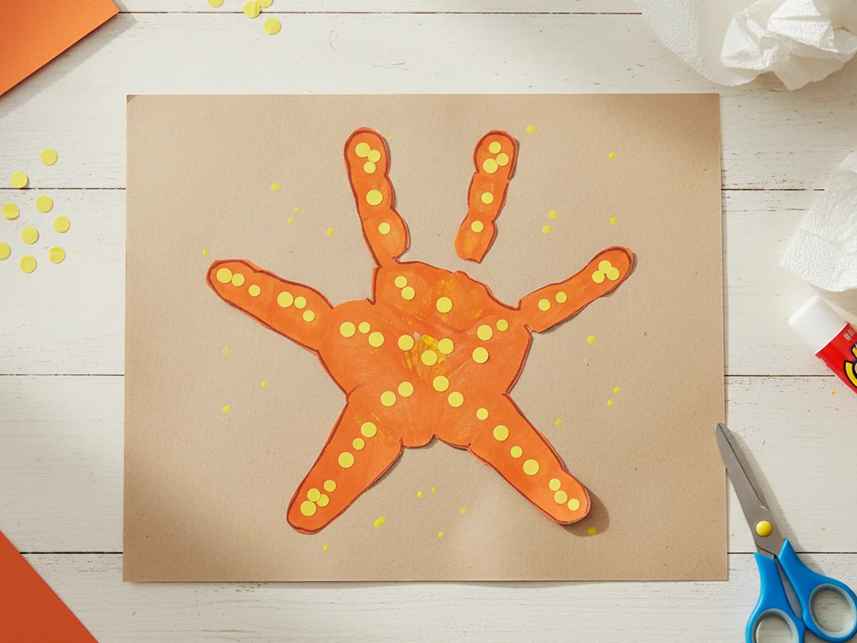 A handmade orange handprint paper starfish with five finger arms and dot decorations on a sandy beige paper background