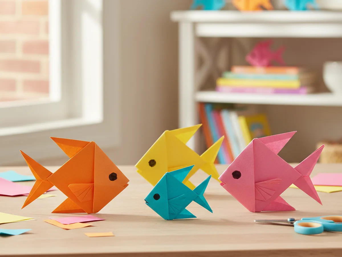 Several handmade origami tropical fish folded from bright square paper in orange, yellow, pink, and turquoise on a wooden table