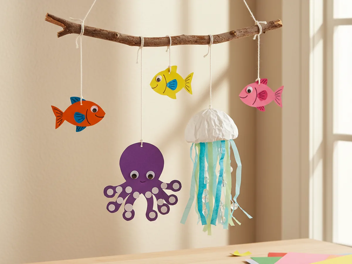 A handmade paper aquarium mobile with colorful paper fish, an octopus, and a jellyfish hanging from a wooden twig at different heights