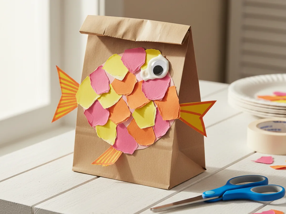 A handmade paper bag fish puppet with colorful paper scales, a googly eye, and triangle fins on a craft table