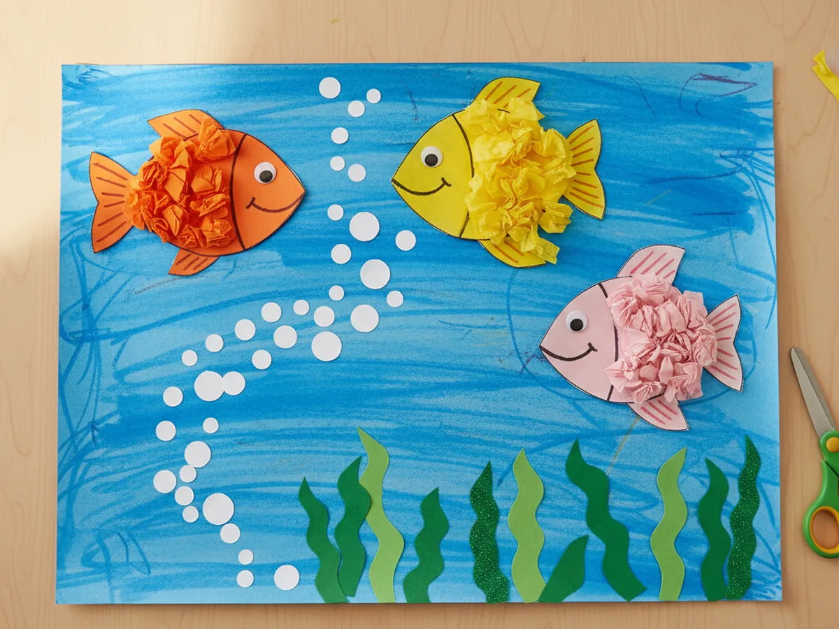 A handmade paper bubble fish scene with colorful paper fish swimming, a trail of white bubble circles, and green seaweed on blue paper
