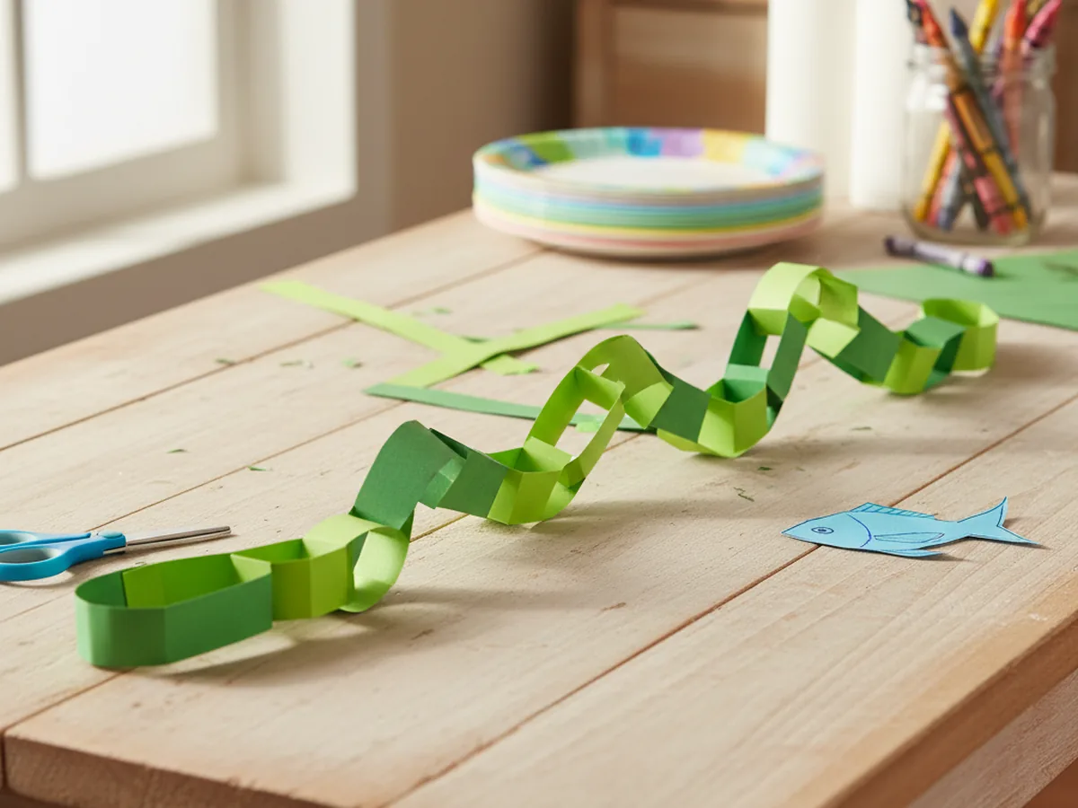 A handmade green paper chain seaweed garland with linked light and dark green loops trailing across a craft table