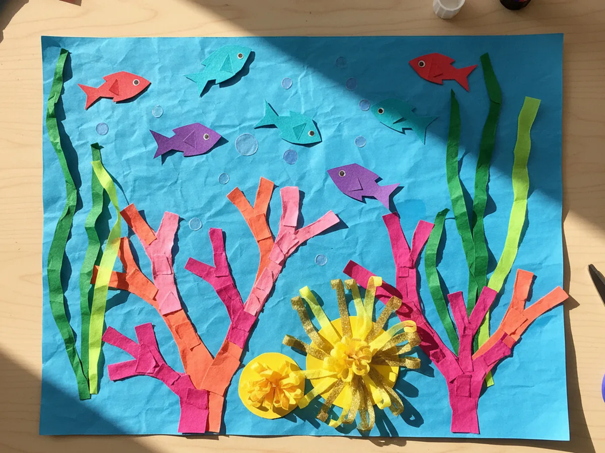 A handmade paper coral reef collage with pink and orange torn paper coral, green seaweed, and small paper fish on blue paper