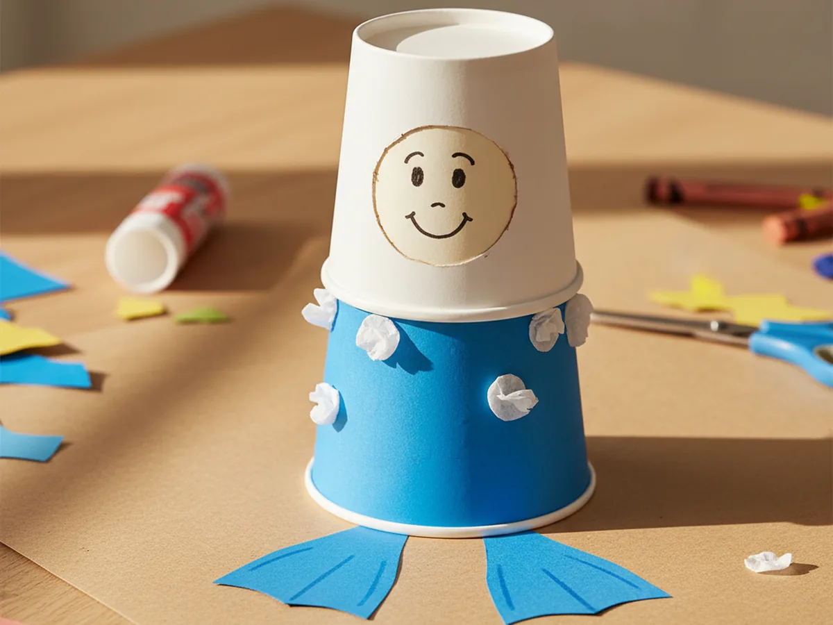 A handmade paper cup underwater diver with a window helmet, smiling face inside, blue body, and rising paper bubbles