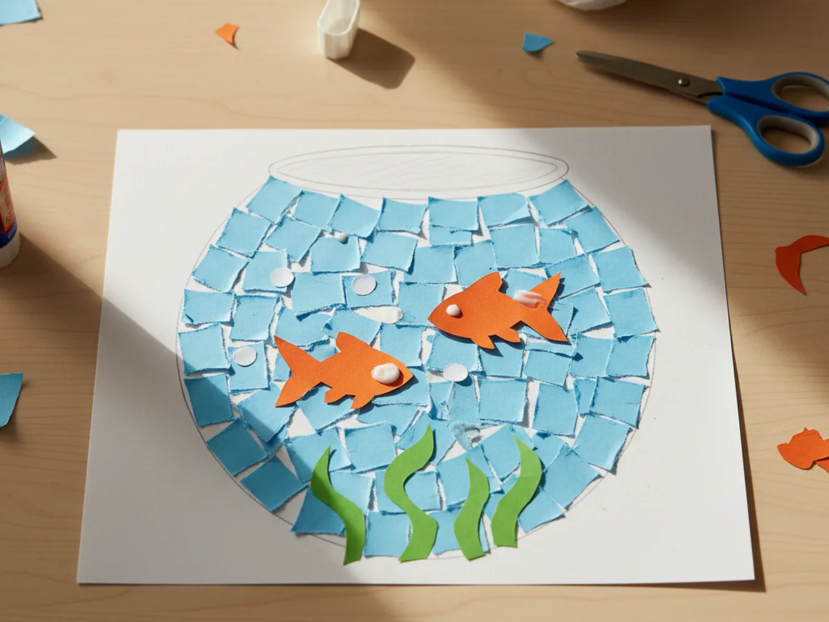 A handmade paper mosaic goldfish bowl with light blue torn paper water, an orange goldfish, white bubbles, and a green plant