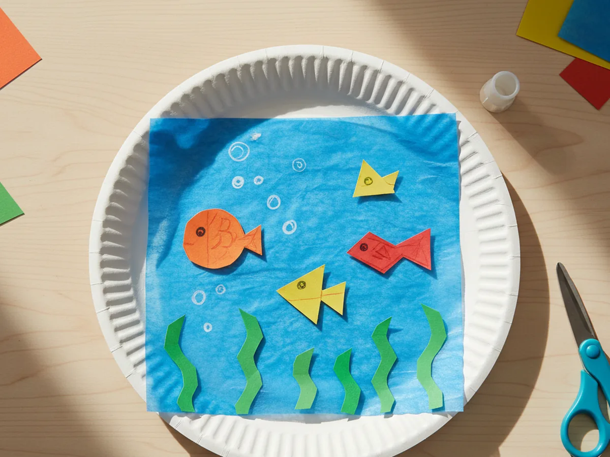 A handmade paper plate aquarium window craft with blue tissue paper, orange and yellow paper fish, and green seaweed