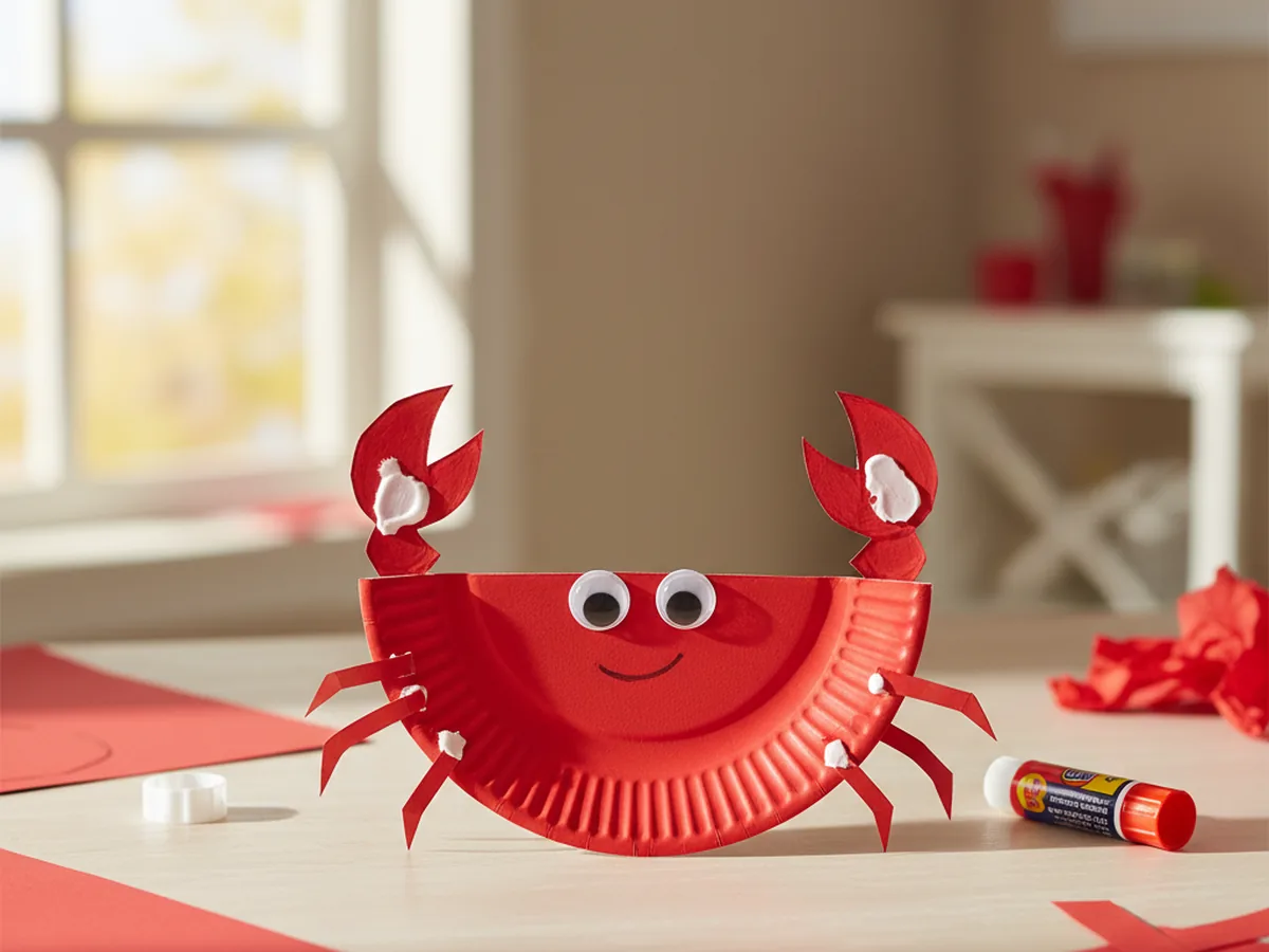 A handmade paper plate crab painted red with two googly eyes, red paper claws, and small side legs on a craft table