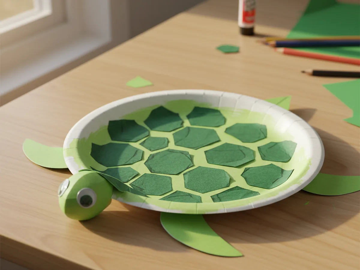A handmade green paper plate sea turtle with hexagon shell pattern, flippers, head with googly eyes, and a tail