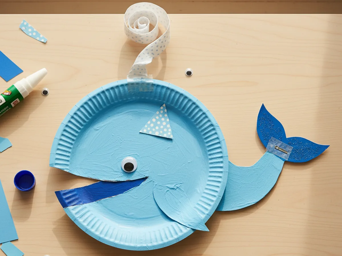 A handmade light blue paper plate whale with a wedge mouth, triangle fin, water spout, googly eye, and a small tail