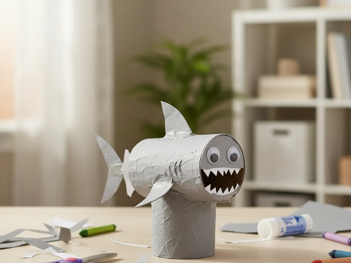 A handmade paper roll shark wrapped in grey construction paper with a triangle fin, paper teeth, and googly eyes