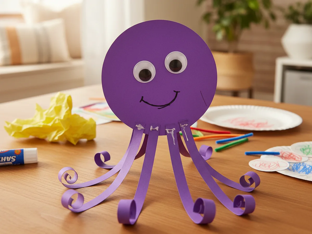 A handmade paper strip octopus with a round purple head, two googly eyes, and eight curled paper tentacles