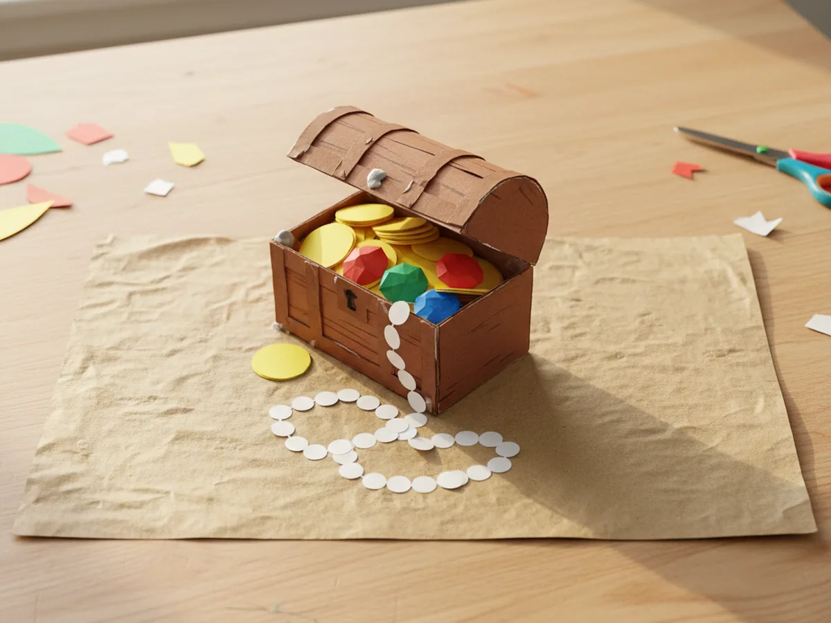A handmade paper treasure chest with a lifted lid, yellow paper coins, colorful paper gems, and a string of paper pearls on a sandy background