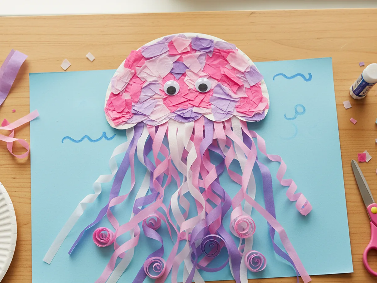 A handmade tissue paper jellyfish with a pink and purple dome and long curly streamer tentacles on a blue background