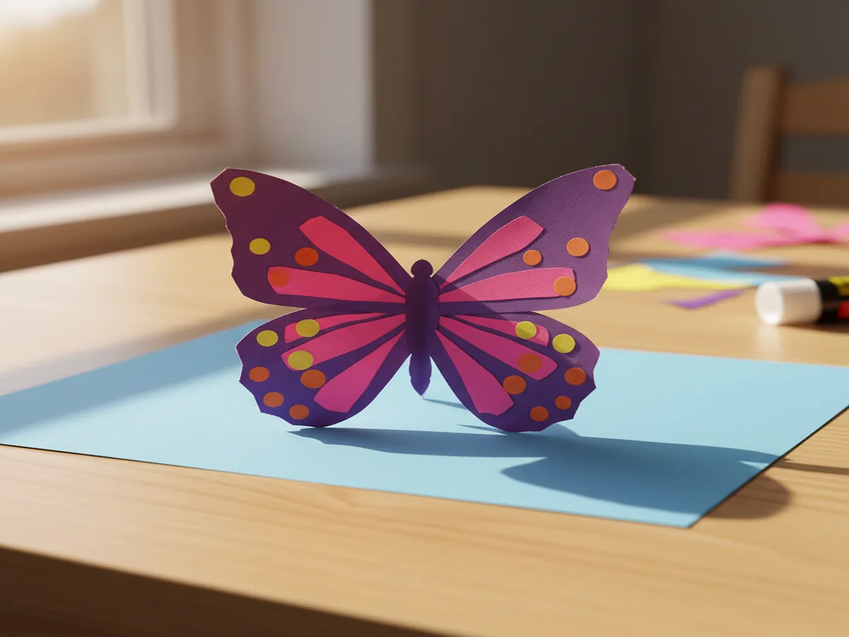 Handmade 3D paper butterfly craft with cut-out wings slightly raised off a blue background paper, decorated with colorful paper dots