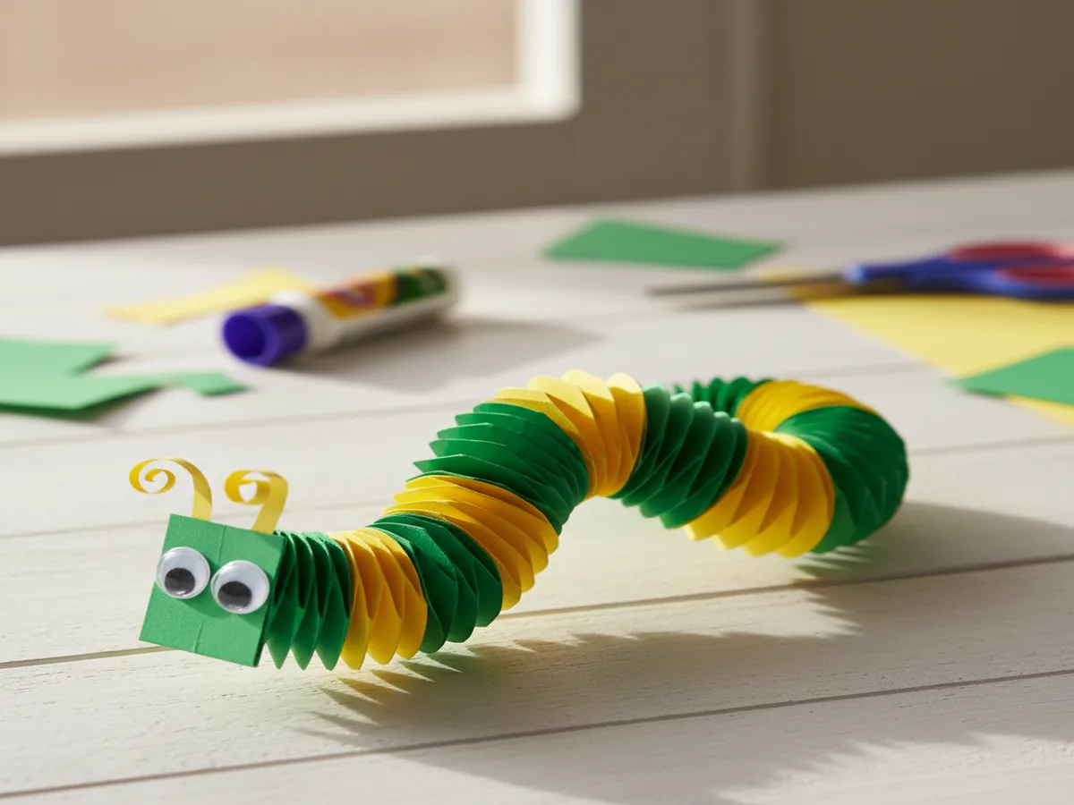 Handmade accordion-fold paper caterpillar craft made from two interlocked colorful paper strips with googly eyes and paper antennae
