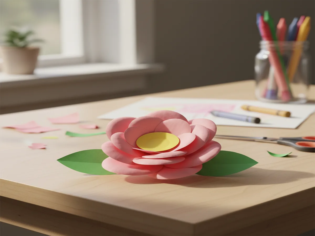 Handmade 3D curled paper flower craft with curled petal shapes layered around a yellow paper center button