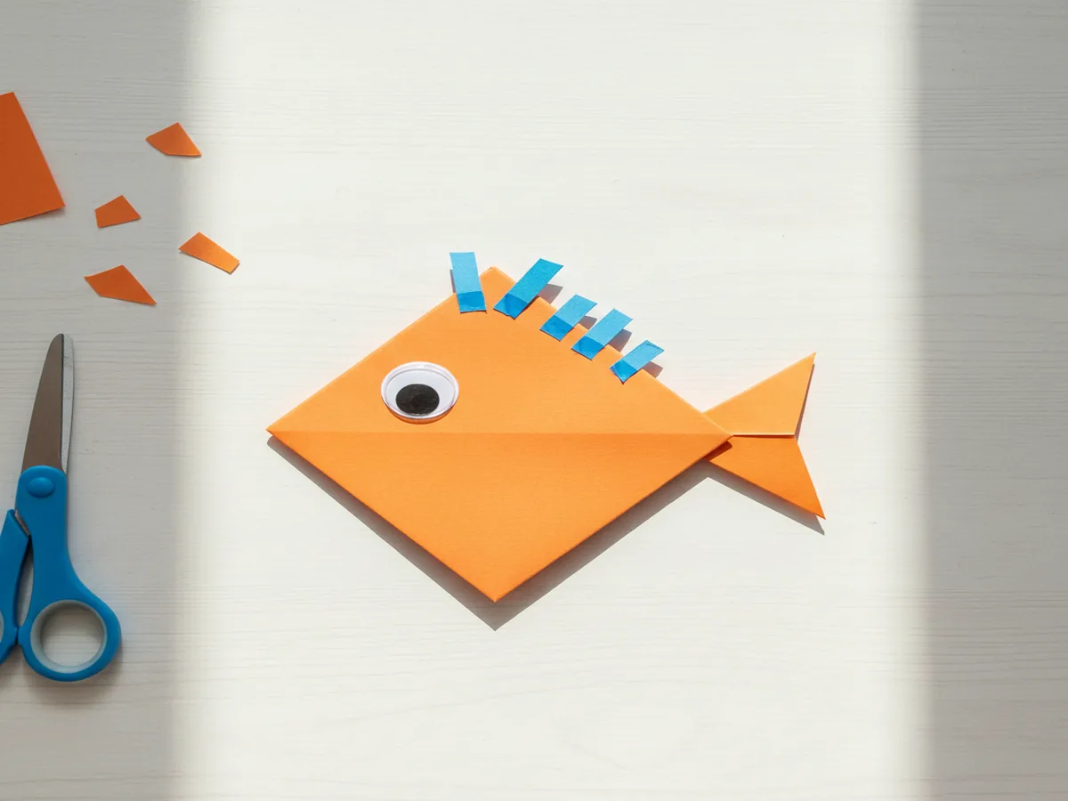 Handmade folded paper fish craft in orange with a drawn eye and blue paper fin details on a craft table