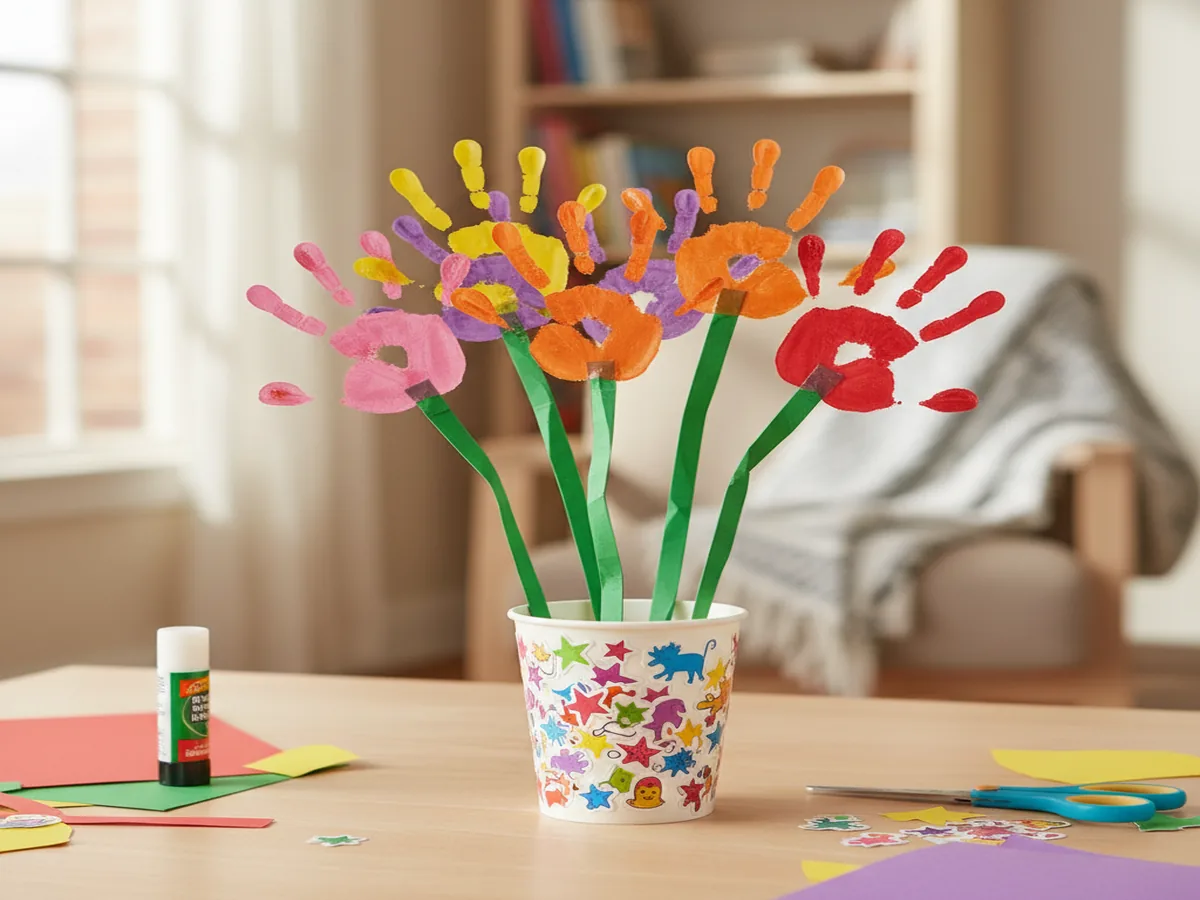 Handmade handprint flower bouquet craft with cut-out paper hand shapes as flower heads on green paper stems in a paper cup vase