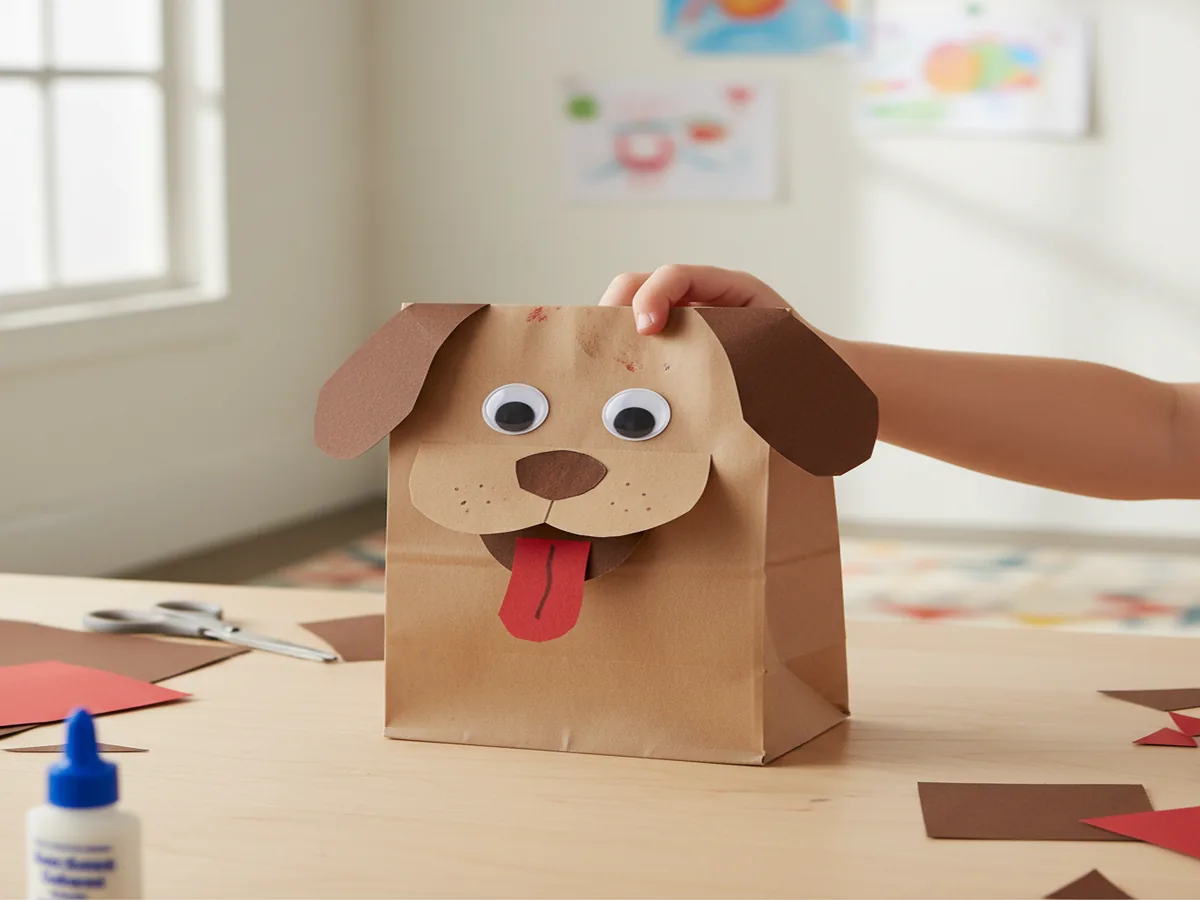 Handmade paper bag puppet dog made from a brown lunch bag with construction paper ears and googly eyes, a child's hand inside