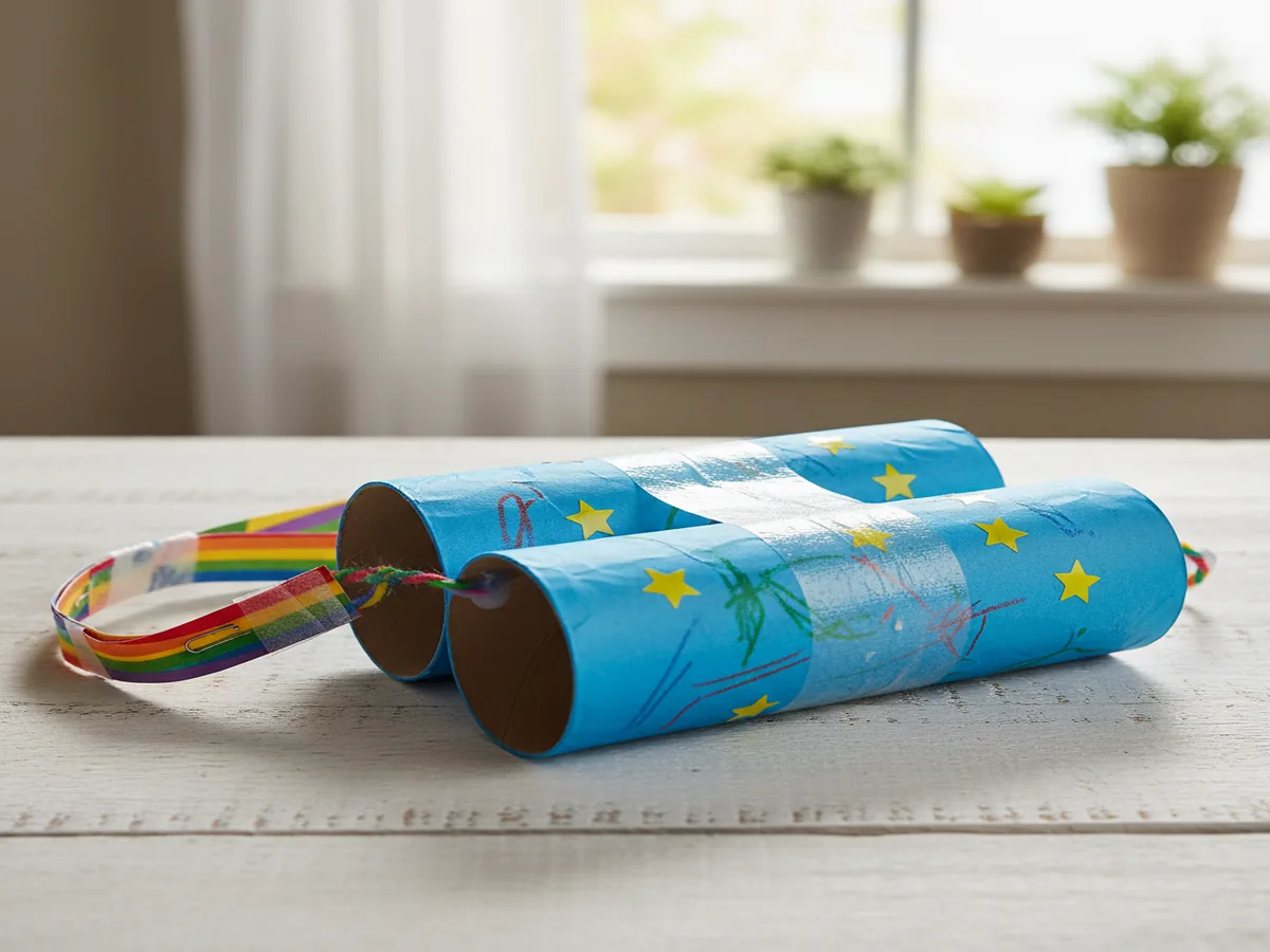 Handmade paper binoculars craft made from two toilet paper rolls wrapped in blue paper with star stickers and a neck strap