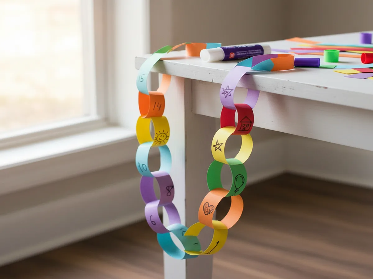 Handmade paper chain countdown craft with a long chain of colorful interlocked paper loops hanging from a table edge
