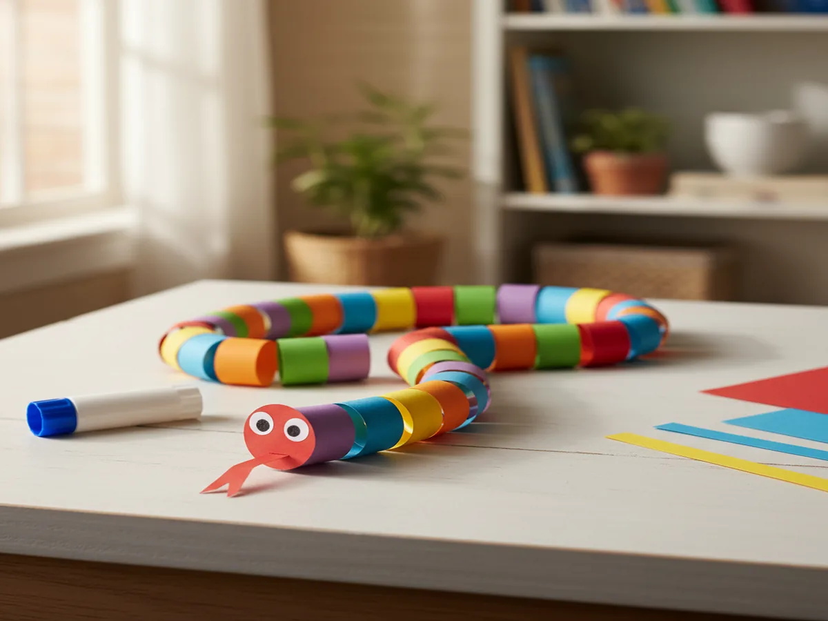 Handmade colorful paper chain snake craft with interlocked paper loop rings, a paper tongue, and drawn eyes