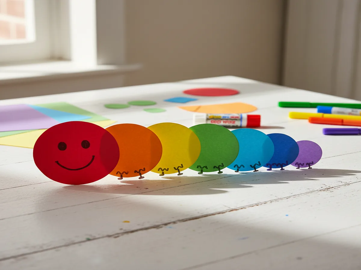 Handmade paper circle caterpillar craft made from overlapping colored paper circles in graduating sizes with a smiley face