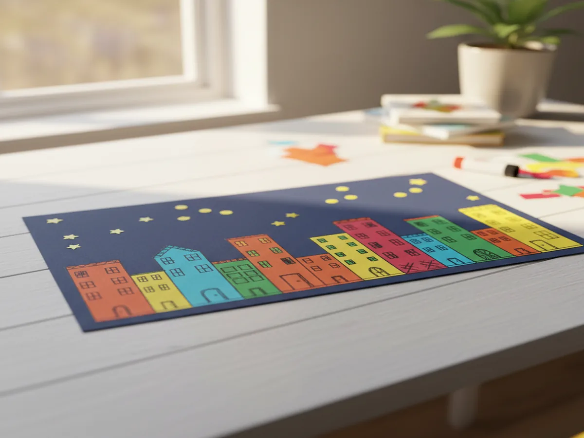 Handmade paper city skyline craft with colorful paper rectangle buildings of different heights glued in a row on dark blue sky paper