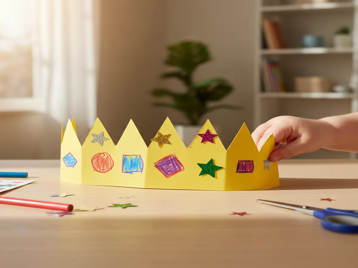 Handmade paper crown made from a golden construction paper strip with zigzag peaks, decorated with crayon jewels and star stickers