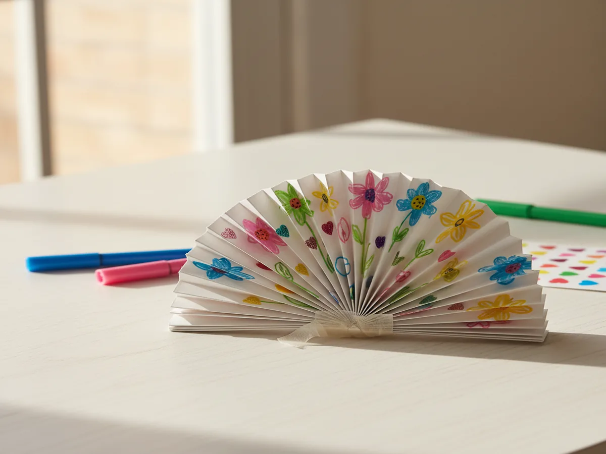 Handmade accordion-folded paper fan craft decorated with colorful marker patterns and stickers, held open by a child
