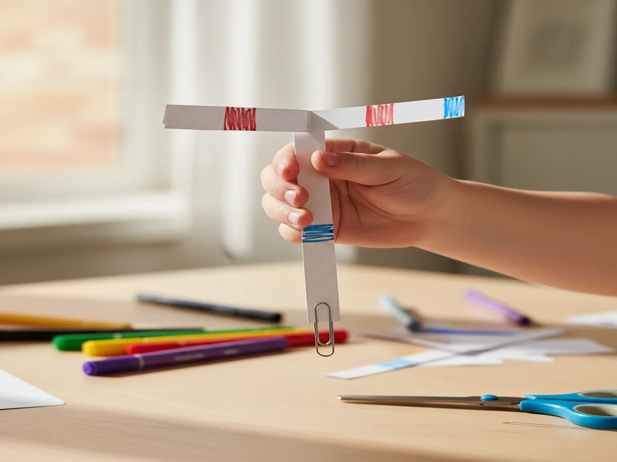 Handmade paper helicopter spinner with two folded blades at the top and a paper clip weight, held between a child's fingers ready to drop