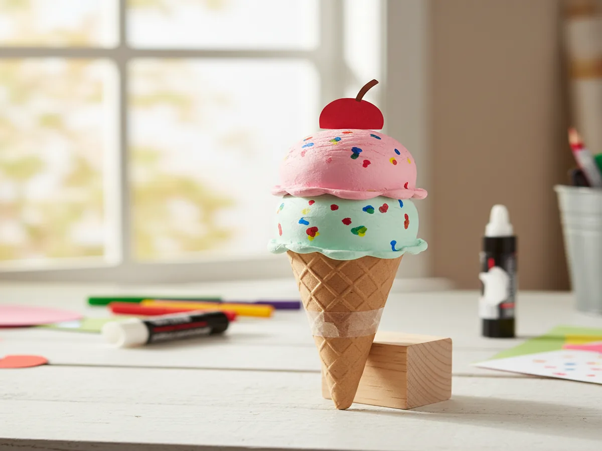 Handmade paper ice cream cone craft with a rolled brown cone and stacked colorful paper circle scoops decorated with marker sprinkles