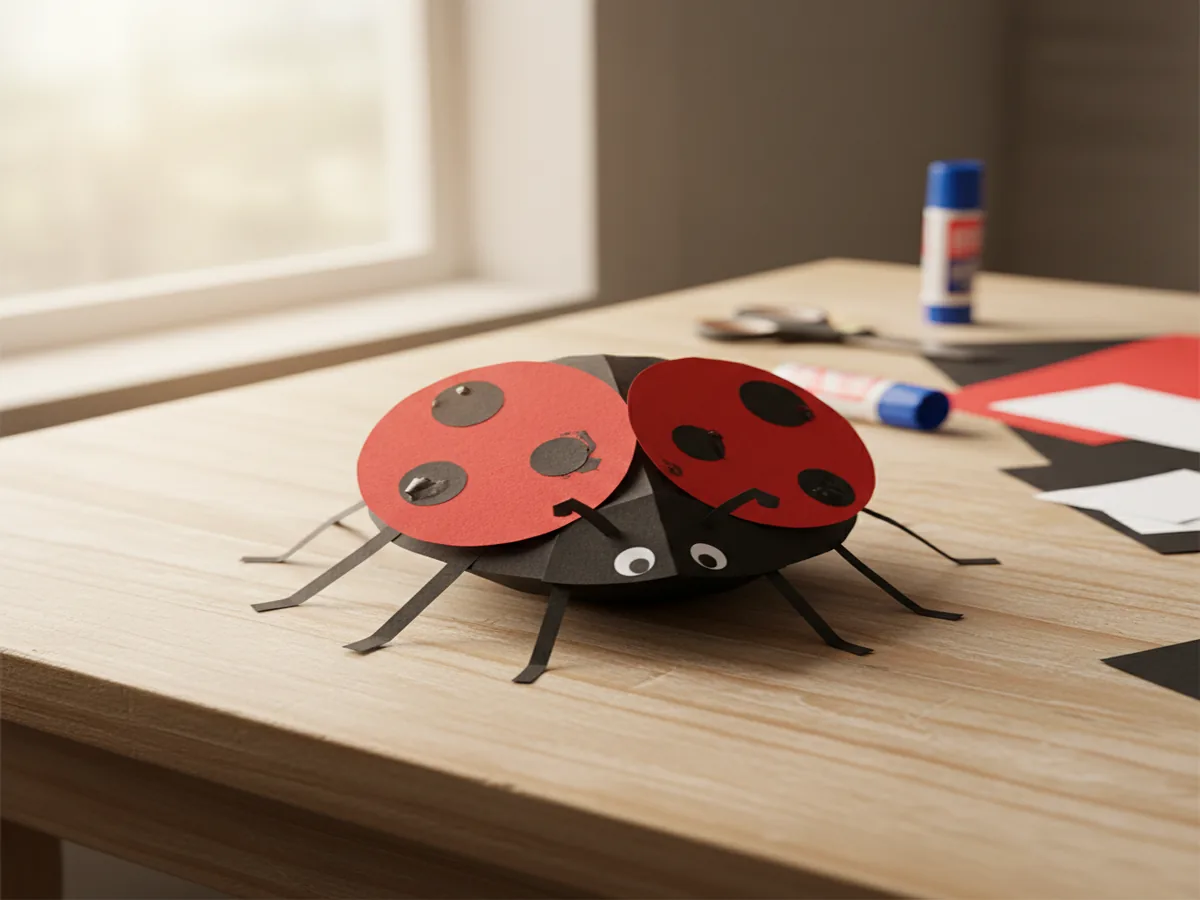 Handmade paper ladybug craft with a red folded circle for wings on a black paper body with white dot eyes and black paper spots