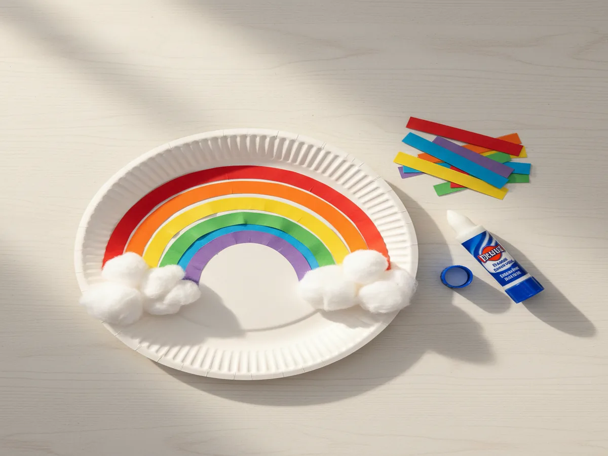 Handmade paper plate rainbow craft with colorful paper strips glued in an arc on a white craft table