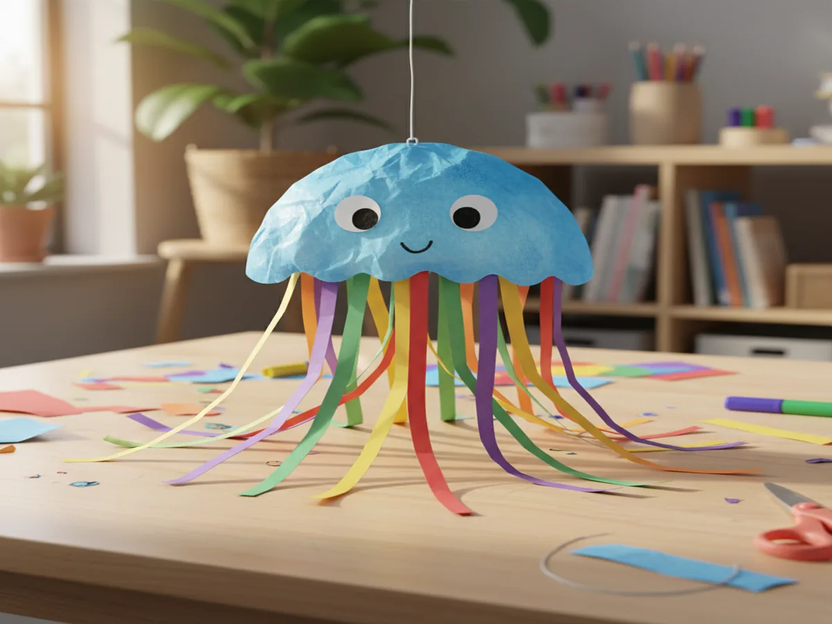Handmade paper strip jellyfish craft with a paper bowl body and long curly colorful paper tentacles, hung from a string