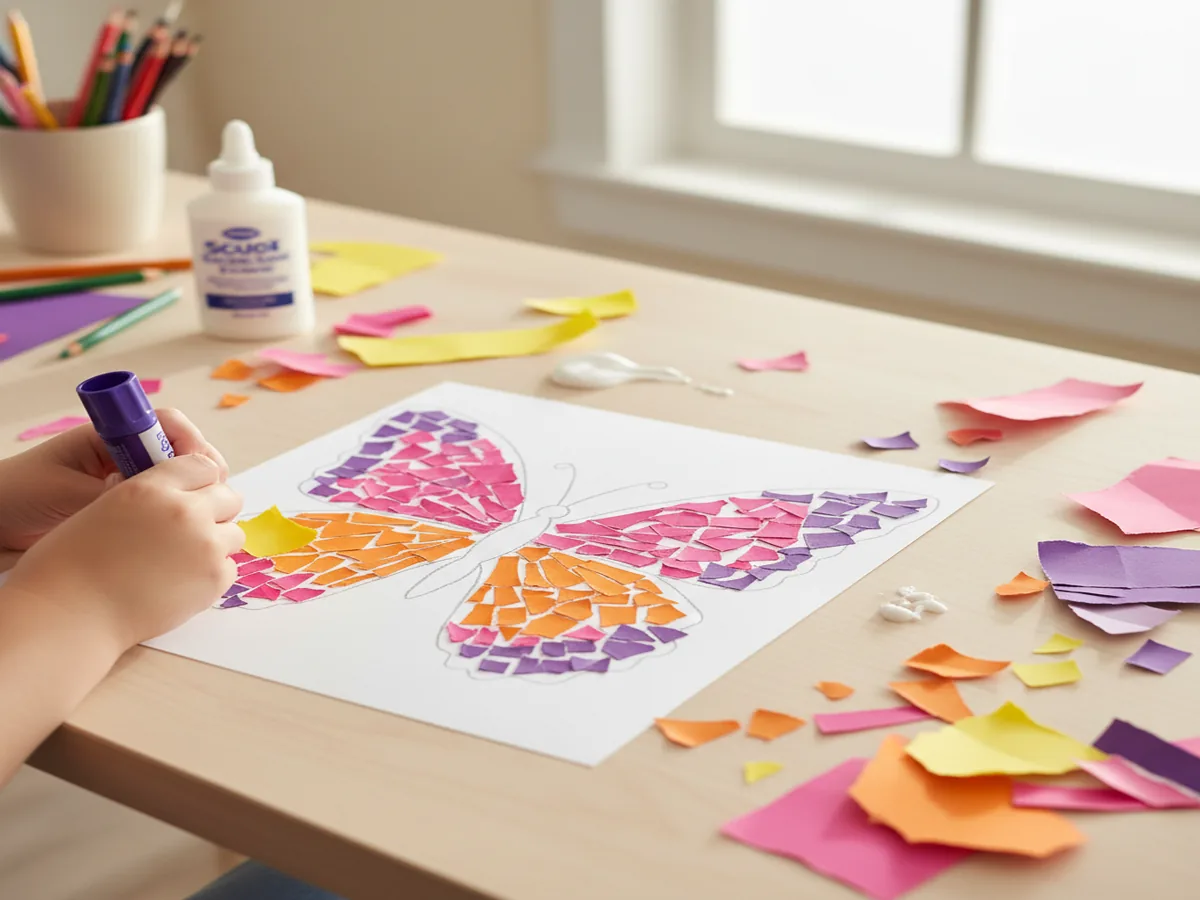 Handmade torn paper mosaic butterfly craft filled with small pieces of torn colorful paper on white cardstock