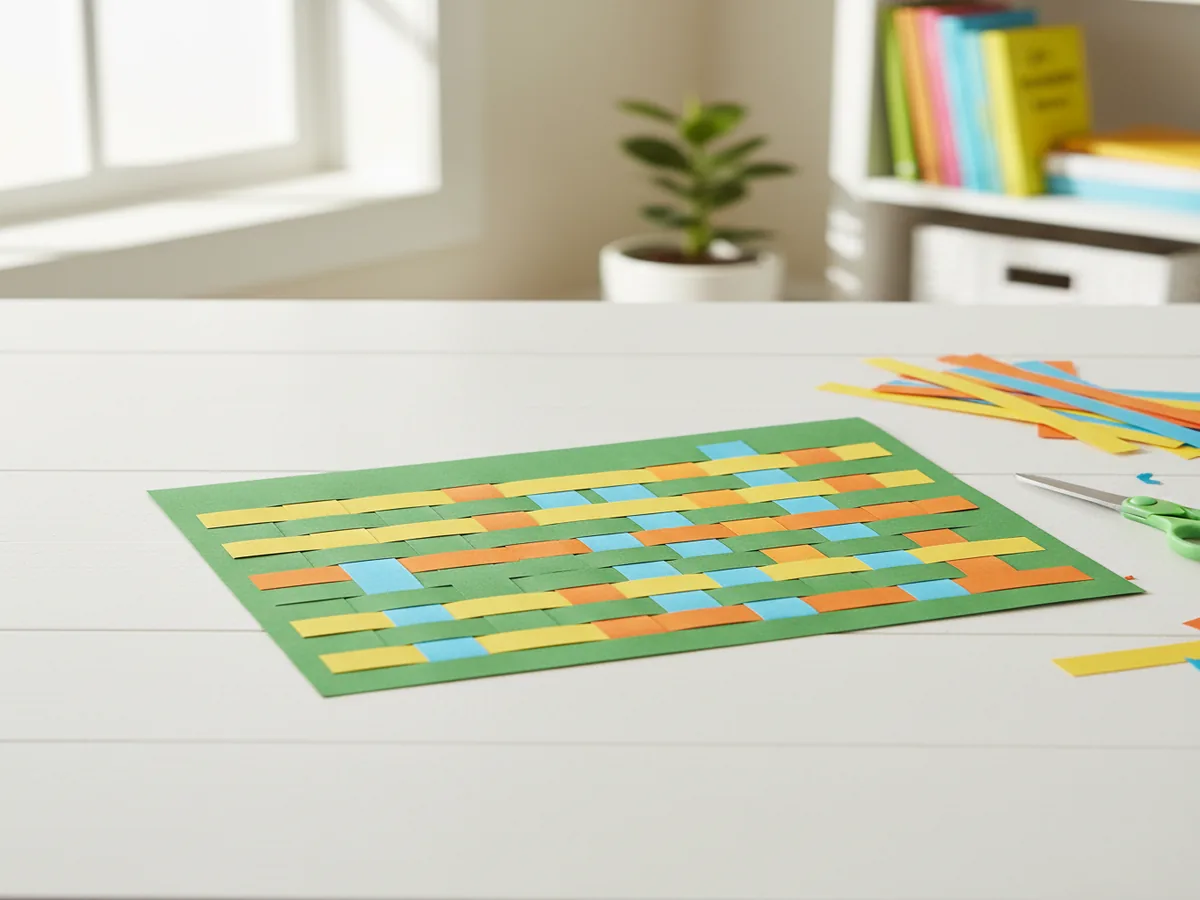 Handmade woven paper placemat craft with colorful paper strips woven over and under slits in a green base sheet