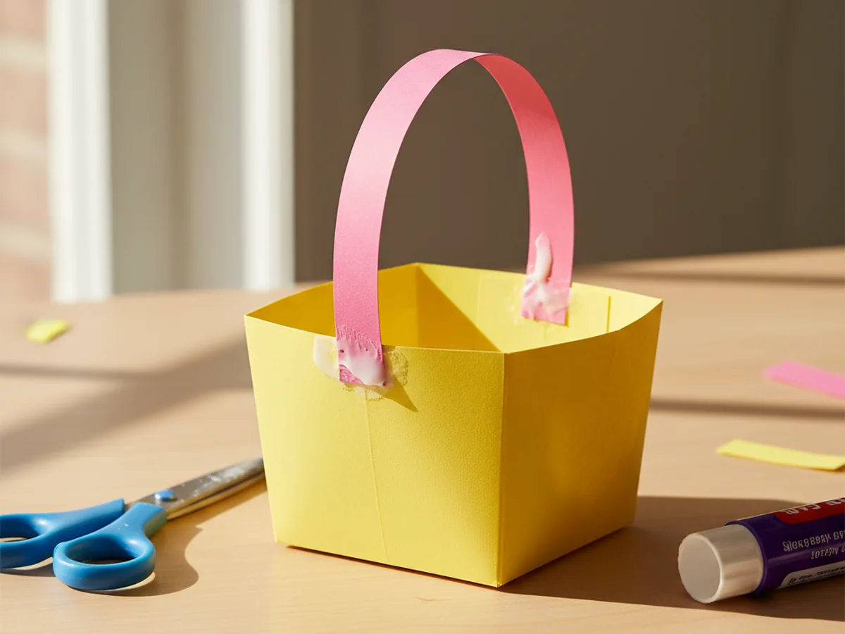 A yellow paper basket with a bright pink construction paper strip arched over the top and glued to the inside walls as a handle
