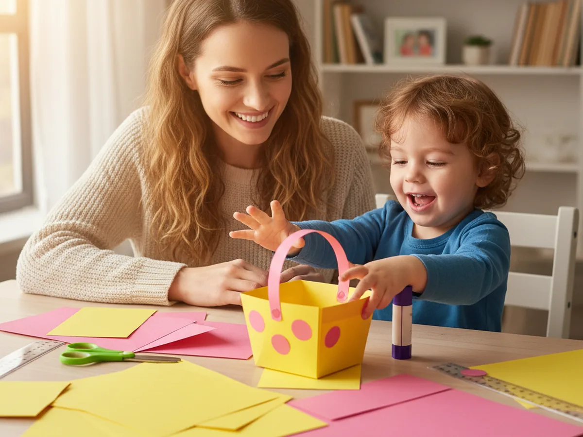 A mom and young child sitting together at a craft table, smiling as they prepare to make a paper basket craft with colored cardstock and scissors
