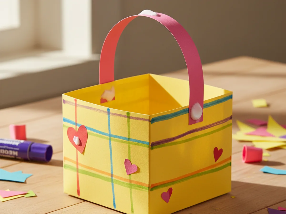 Finished handmade paper basket craft with a curved handle sitting on a light wood craft table next to colorful paper scraps