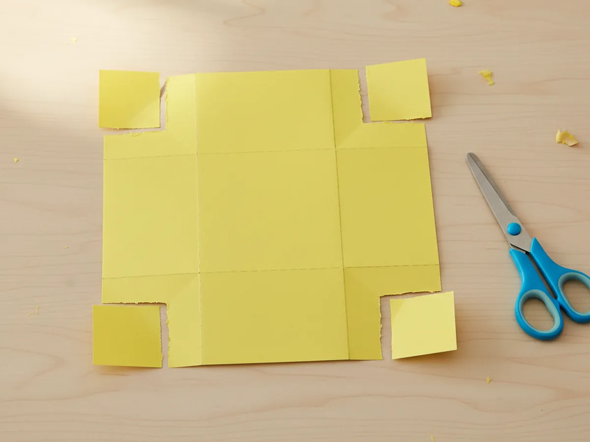 Yellow cardstock square with short scissor slits cut along the fold lines on all four sides, revealing four rectangular flaps and small corner squares
