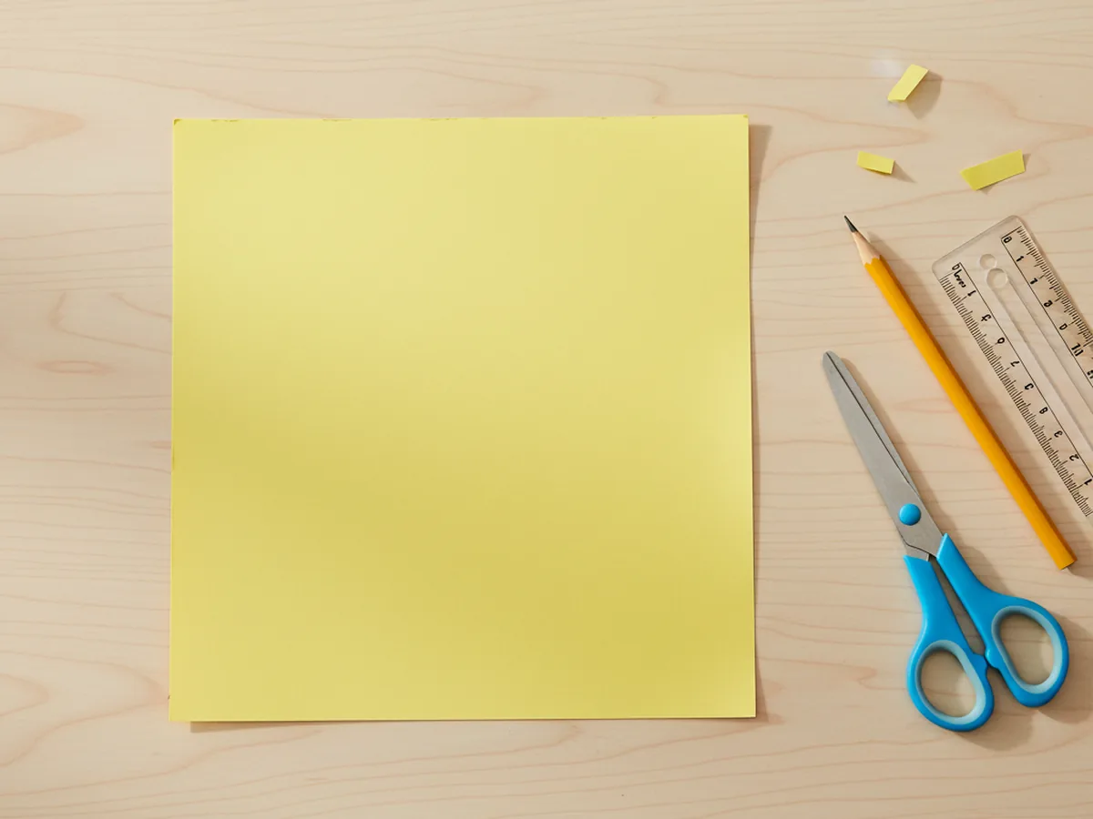 A bright yellow 8-inch cardstock square cut and lying on a light wood craft table beside a pencil, ruler, and blunt-tip scissors