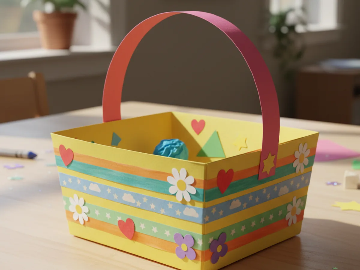 A finished decorated paper basket with colorful marker patterns, pastel washi tape stripes, and small paper flowers on the outside, filled with paper shapes