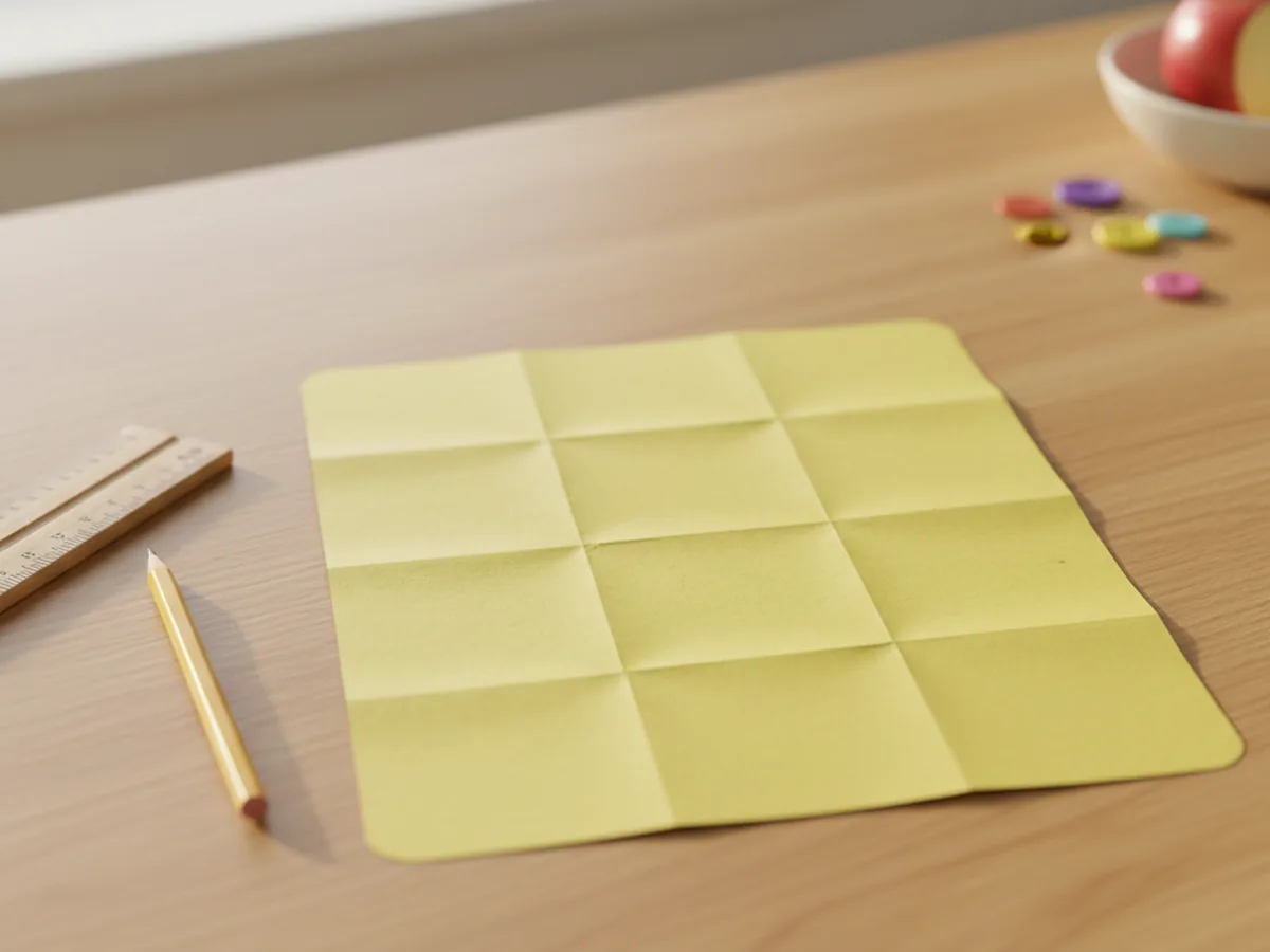 A flat yellow cardstock square showing crisp fold lines dividing it into a tic-tac-toe grid of nine equal squares on a craft table