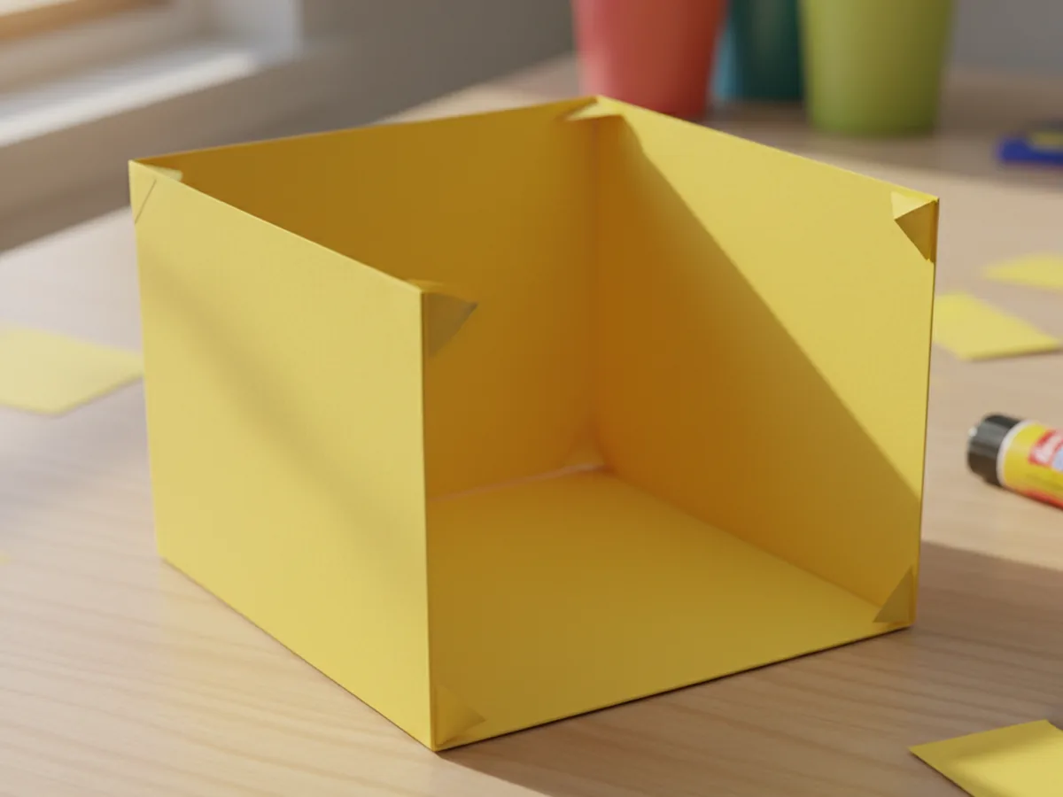 A yellow cardstock basket shape with the four side walls folded up, forming an open square box on a light wood craft table