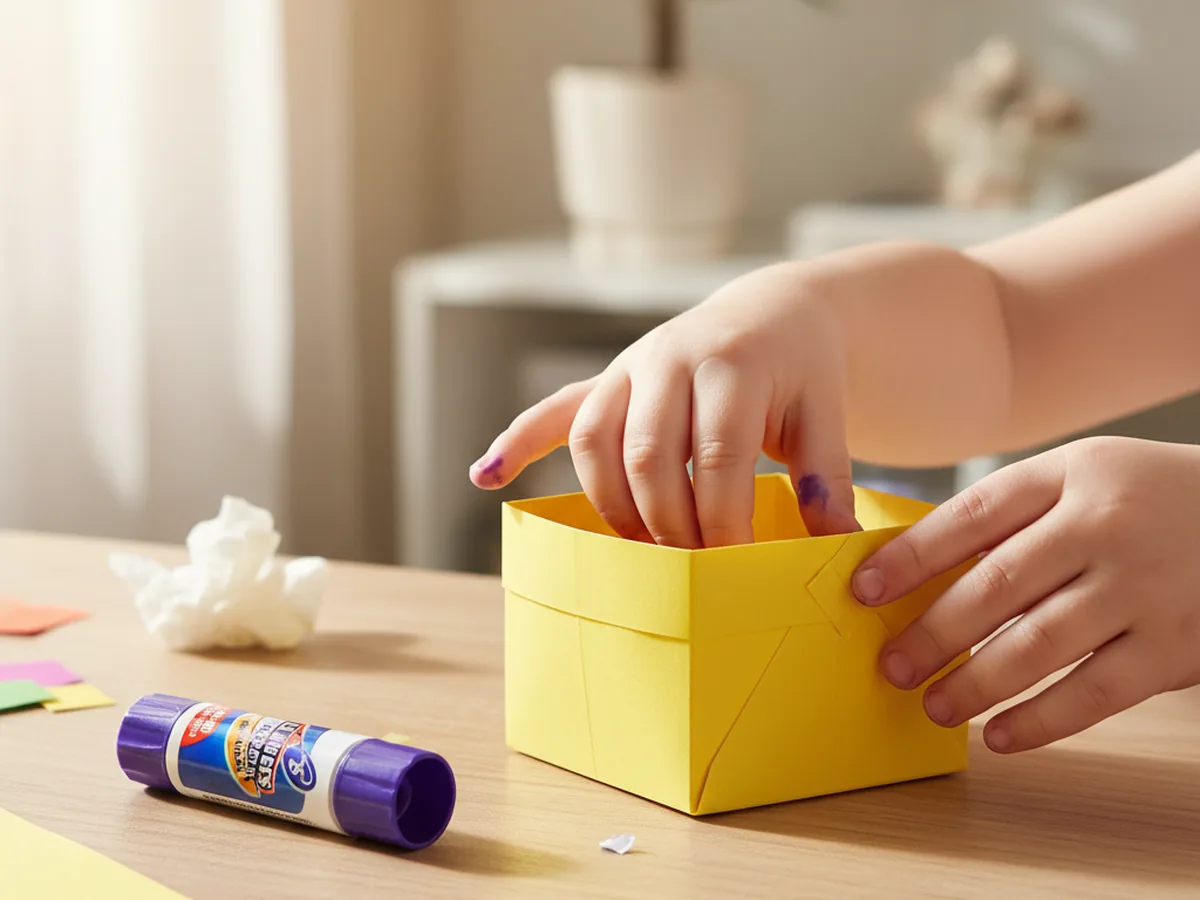 A child's hands pressing glued corner tabs inside a yellow paper basket to secure the walls together, glue stick lying beside it