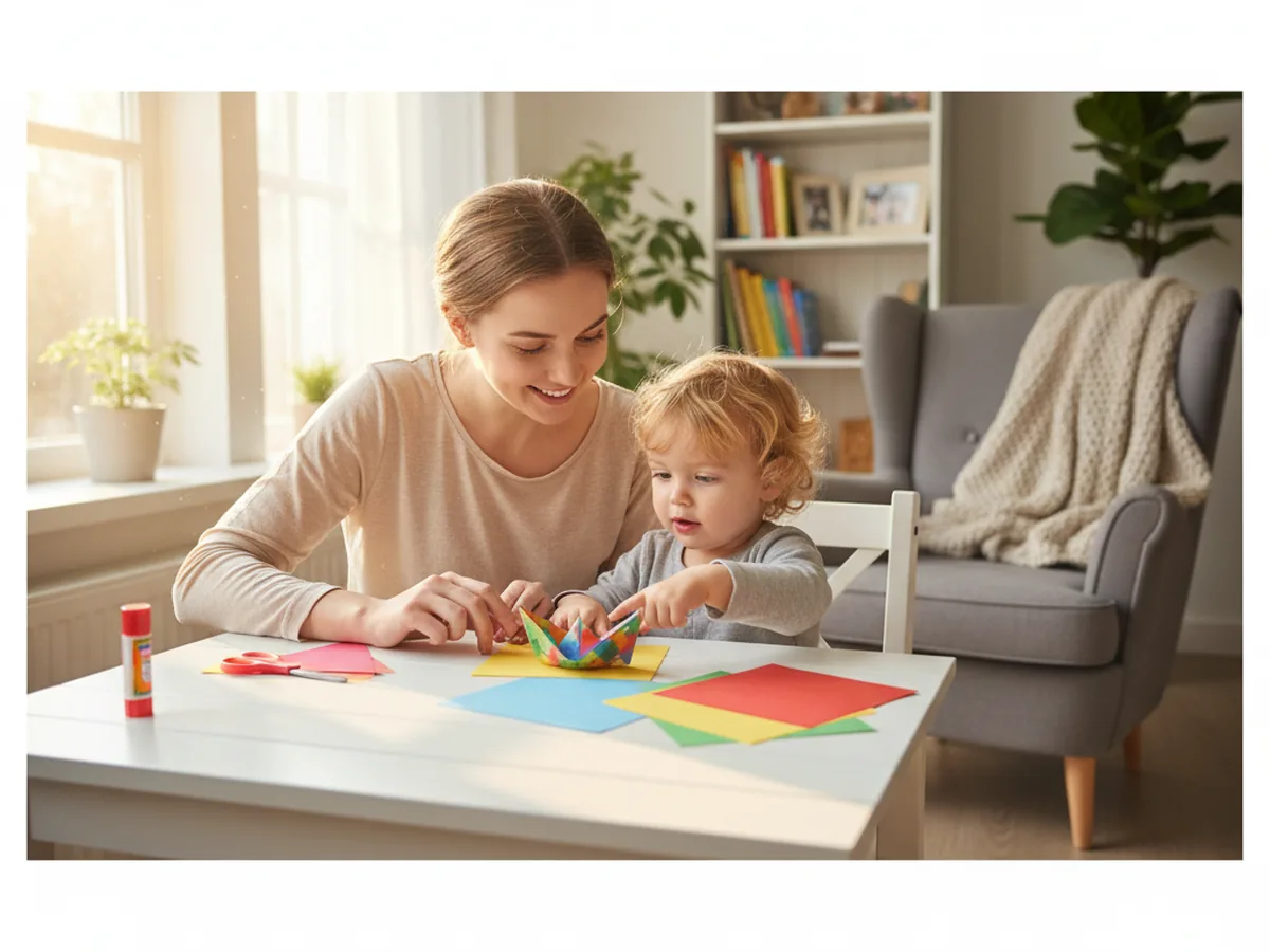 A mom and young child sitting together at a light wood craft table, about to start folding paper boats