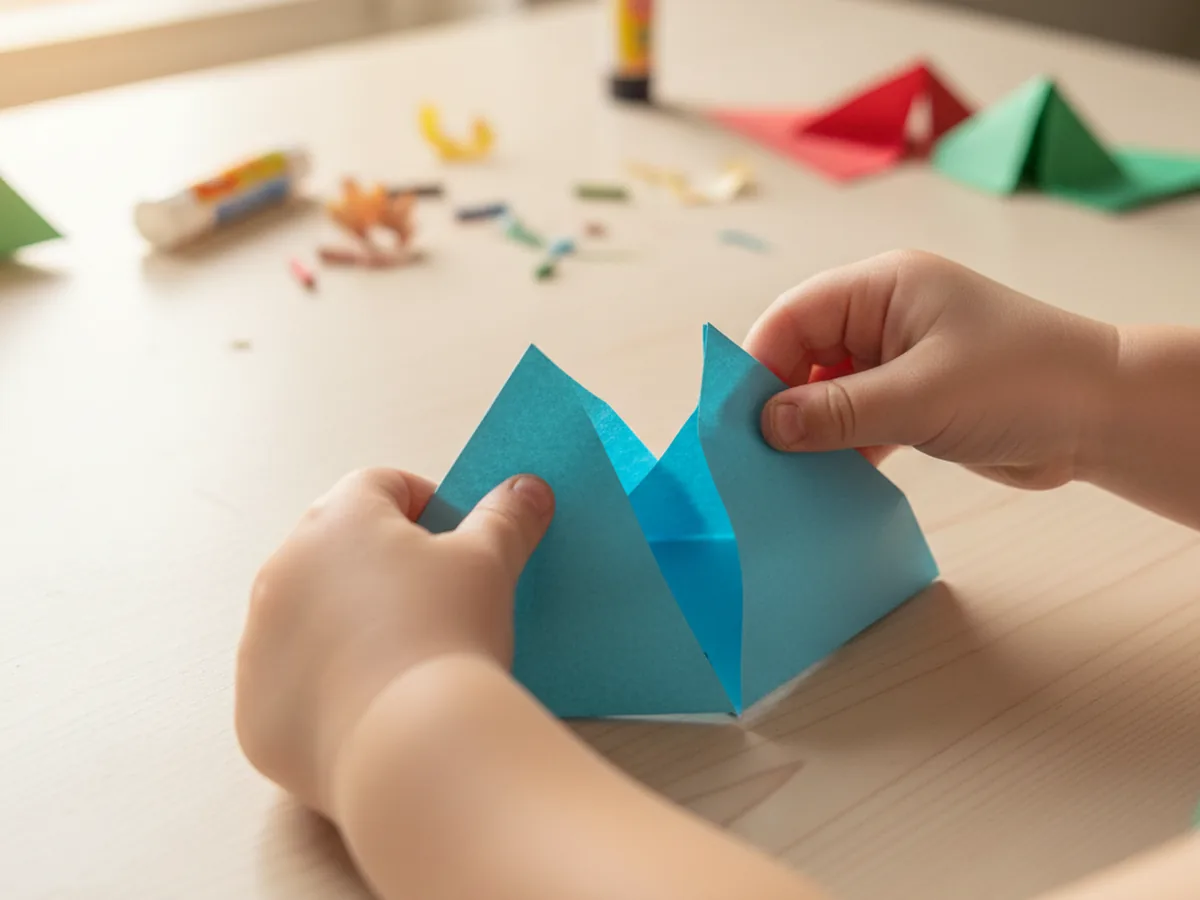 Blue paper shape opened and flattened into a square on a craft table with fingers gently pressing it flat