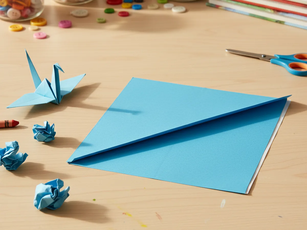 Blue paper folded into a flat triangle with the bottom corner folded up to meet the top point on a craft table