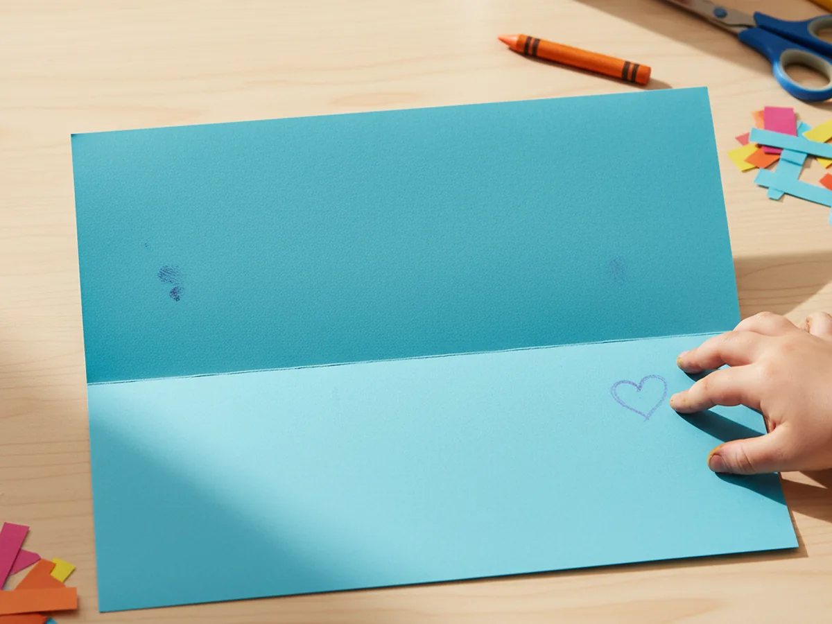 A sheet of bright blue paper folded in half horizontally on a white craft table, showing a clean flat crease